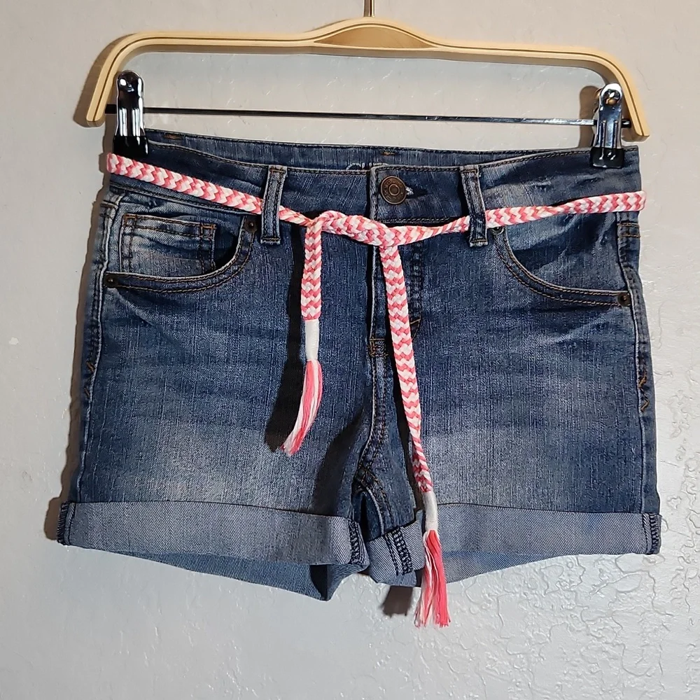 CHEROKEE Girls Large Cuff Up Wiskered Jean Shorts W Belt